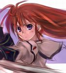  1girl fingerless_gloves from_side gloves hair_down lyrical_nanoha magical_girl mahou_shoujo_lyrical_nanoha mahou_shoujo_lyrical_nanoha_strikers raising_heart redhead solo takamachi_nanoha upper_body violet_eyes 