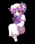  1girl black_background blue_bow bow capelet crescent dress expressionless female frills fukaiton hair_bow hat jitome knees_up long_sleeves lowres mob_cap patchouli_knowledge pink_bow red_bow sidelocks simple_background solo touhou white_dress 