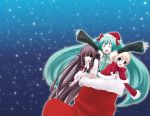  3girls :d ^_^ ^o^ aqua_hair blonde_hair blue_eyes boots brown_hair christmas closed_eyes fumii fummy fur_trim hatsune_miku long_hair looking_at_viewer multiple_girls open_mouth outstretched_arms oversized_object santa_boots short_hair sky smile star_(sky) starry_sky very_long_hair vocaloid 