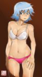  1girl blue_eyes blue_hair bra breasts cleavage kosame_daizu lingerie lips medium_breasts navel original panties pink_panties solo underwear underwear_only 