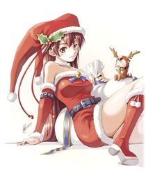  1girl animal_costume bare_shoulders bell belt boots brown_eyes brown_hair christmas detached_sleeves dress hat holly jester_cap jingle_bell long_hair original reindeer_costume sack santa_boots santa_costume santa_hat solo strapless strapless_dress yuu_(yuyukaikan) 