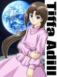  1girl after_war_gundam_x blue_eyes brown_hair character_name cowboy_shot earth gundam hand_on_own_arm hanzou holding_arm long_hair long_sleeves looking_at_viewer lowres moon pink_skirt planet ponytail skirt smile solo space sweater text tiffa_adill very_long_hair violet_eyes 