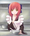  00s 1girl apron black_dress blush bow bowl brown_eyes cooking dress finger_to_mouth hair_bow kitchen kohaku long_sleeves looking_at_viewer pot redhead shoes solo tsukihime upper_body whisk yanphoenix 