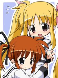  2girls blonde_hair fate_testarossa izuno_kenta lowres lyrical_nanoha mahou_shoujo_lyrical_nanoha mahou_shoujo_lyrical_nanoha_a&#039;s multiple_girls red_eyes redhead school_uniform serafuku takamachi_nanoha twintails violet_eyes 