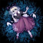  1girl :d blonde_hair bow breasts dress female fukaiton full_body grass hair_ribbon hairband looking_at_viewer lowres lying medicine_melancholy on_back open_mouth plant puffy_short_sleeves puffy_sleeves red_bow red_dress ribbon short_hair short_sleeves small_breasts smile solo su-san touhou 