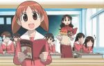  6+girls azumanga_daioh black_hair book brown_eyes brown_hair chalkboard child classroom glasses highres kagura kagura_(azumanga_daiou) kasuga_ayumu long_hair mihama_chiyo mizuhara_koyomi multiple_girls official_art orange_hair sakaki school_uniform serafuku short_twintails sleeping takino_tomo tanizaki_yukari twintails 