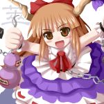  &gt;:d 1girl :d blush bottle breasts chains eyebrows eyebrows_visible_through_hair female frills fukaiton gourd holding horns ibuki_suika looking_at_viewer lowres open_mouth outstretched_arms sidelocks simple_background small_breasts smile solo touhou white_background wrist_cuffs 