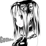  1girl bare_shoulders center_frills collar english fantasy_earth_zero frills gothic hair_ornament hairpin looking_at_viewer monochrome short_hair simple_background solo tank_(artist) text upper_body white_background 