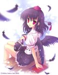  1girl bellows_camera camera feathers female looking_at_viewer mitha open_mouth shameimaru_aya smile solo touhou 