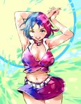 1girl armpits arms_up blue_hair breasts cleavage cowboy_shot igarasy large_breasts looking_at_viewer meiko midriff navel open_mouth pink_hair short_hair skirt solo thigh_gap vocaloid 