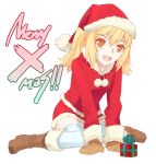  1girl boots box brown_boots christmas full_body gift gift_box hat knee_boots looking_at_viewer nakatomi_ryo nakatomi_ryou original pom_pom_(clothes) santa_hat simple_background sitting solo thigh-highs wariza white_background 
