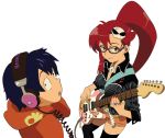  blue_hair casual glasses guitar headphones instrument redhead simon tengen_toppa_gurren_lagann yellow_eyes yoko_littner 