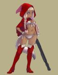  1girl bikini blonde_hair blue_eyes boots braid cape dark_skin full_body grimm&#039;s_fairy_tales gun hand_on_hip hood left-handed little_red_riding_hood little_red_riding_hood_(grimm) midriff red_cape red_legwear shotgun simple_background solo swimsuit tail thigh-highs thigh_boots twin_braids weapon weno 