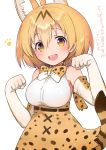  1girl animal_ears animal_print bare_shoulders blonde_hair blush bow breasts elbow_gloves female gloves ichihaya kemono_friends large_breasts looking_at_viewer open_mouth serval_(kemono_friends) serval_ears serval_print serval_tail shirt short_hair simple_background skirt sleeveless sleeveless_shirt solo tail white_background white_shirt yellow_eyes 