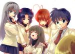  2boys 4girls :d clannad closed_eyes furukawa_nagisa hair_bobbles hair_ornament hairband ibuki_fuuko ichinose_kotomi multiple_boys multiple_girls okazaki_tomoya open_mouth sakagami_tomoyo school_uniform serafuku smile sunohara_youhei two_side_up yonko 