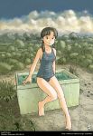  00s 1girl 2004 artist_name awatake_takahiro bangs barefoot black_hair clouds dated feet landscape looking_at_viewer low_twintails one-piece_swimsuit outdoors school_swimsuit sky solo swimsuit toes twintails water web_address 