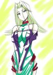  1girl banpresto bare_shoulders blonde_hair breasts cleavage collar green_eyes lamia_loveless large_breasts solo super_robot_wars 