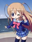  1girl bow camera gakuen_utopia_manabi_straight! izuno_kenta lowres odori_momoha pink_bow plaid plaid_skirt skirt solo thigh-highs 