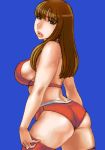  1girl ass back bikini blue_background breasts brown_eyes brown_hair curvy huge_ass huge_breasts large_breasts lips long_hair looking_back lowres matoyama oekaki solo swimsuit thigh-highs 