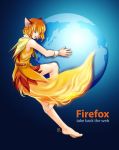  1girl animal_ears barefoot cuffs earth feet firefox os-tan personification product_girl short_hair solo tail vest world wrist_cuffs 