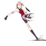  1girl arm_warmers bandage bare_shoulders black_boots black_gloves boots breasts clenched_teeth full_body gloves green_eyes haruno_sakura headband headdress holding holding_weapon holster kunai looking_at_viewer naruto naruto_shippuuden open_toe_shoes parted_lips pink_hair pink_skirt red_shirt shirt shoes short_hair side_slit simple_background skirt sleeveless sleeveless_shirt small_breasts solo teeth thigh_holster thigh_strap weapon white_background yama 