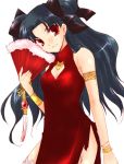  1girl black_hair china_dress chinese_clothes dress fan fate/stay_night fate_(series) feather_fan folding_fan long_hair red_eyes simple_background smile solo tohsaka_rin twintails two_side_up 