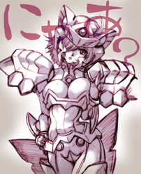  banpresto breasts emi emmy fang hair_over_one_eye hand_on_hip highres hips hisahiko large_breasts monochrome short_hair shouko_azuma super_robot_wars super_robot_wars_original_generation_gaiden tears translated 