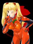  1girl blonde_hair blush breasts cosplay kamia_(not_found) matsuoka_kiyone neon_genesis_evangelion nerv one_eye_closed original plugsuit plugsuit_(cosplay) solo soryu_asuka_langley_(cosplay) souryuu_asuka_langley wink 