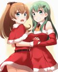  2girls blue_eyes blush brown_hair christmas_tree_hair_ornament clenched_teeth elbow_gloves eyebrows_visible_through_hair gloves green_eyes green_hair hand_holding highres interlocked_fingers kantai_collection kapatarou kumano_(kantai_collection) long_hair looking_at_viewer multiple_girls open_mouth ponytail red_gloves santa_costume smile suzuya_(kantai_collection) teeth 