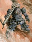  80s acrylic_paint_(medium) antennae armor bazooka claws helmet machinery mecha no_humans official_art oldschool production_art promotional_art realistic saeki_shouji science_fiction soukou_kihei_votoms strikedog traditional_media weapon 