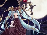  1girl blue_hair clouds dress eario forget-me-not full_moon game_cg gothic hair_over_one_eye hat itou_noiji lace long_hair moon moonlight night night_sky outdoors red_eyes ribbon rooftop scythe sitting sky solo twintails very_long_hair wasurenagusa 