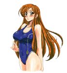  1girl breasts brown_hair code_geass fujimoto_satoru large_breasts long_hair one-piece_swimsuit shirley_fenette simple_background single_vertical_stripe solo swimsuit wet 