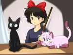  80s black_cat black_eyes bow broom cat crossover hair_bow hairband jiji_(majo_no_takkyuubin) kiki kj_(k777) majo_no_takkyuubin ranma_1/2 sakuma_rei seiyuu_connection shampoo_(ranma_1/2) studio_ghibli 