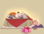  1girl cake cellphone food fruit gift kotatsu mandarin_orange orange original pastry phone sleeping solo table weno weno&#039;s_blonde_original_character 