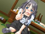  1girl alcohol ashita_deatta_shoujo beer black_hair blue_eyes drunk game_cg kittaka_sanae skirt solo 