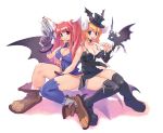  2girls bat_wings boots breasts cleavage curvy erect_nipples gloves gun hat highres lace majima_ryoji multiple_girls nomura_ryouji original redhead ryoji_(nomura_ryouji) short_twintails thigh-highs thighs twintails upskirt weapon wings 