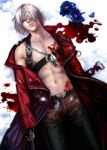  1boy belt blood capcom chains closed_eyes dante_(devil_may_cry) devil_may_cry flower gloves gun injury jacket jewelry kazuo-sama leather leather_pants male_focus pants pendant shirtless solo undressing weapon 