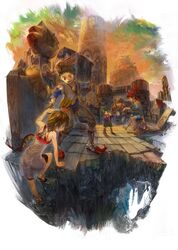  2boys 2girls climbing fantasy highres multiple_boys multiple_girls ruins taiki_(luster) 