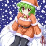  1girl bag bell bococho breasts christmas cleavage curvy female from_above green_hair kazami_yuuka large_breasts looking_at_viewer pantyhose red_eyes santa_costume sitting slit_pupils smile solo touhou youkai 