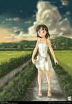  00s 1girl 2006 artist_name awatake_takahiro bangs clouds dated dress field looking_at_viewer outdoors rural sandals short_hair sky sleeveless solo sundress web_address 