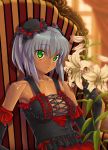  1girl black_gloves breasts chair cleavage cross-laced_clothes dark_skin dress elbow_gloves flower frills gloves gothic green_eyes grey_hair hat kink lily_(flower) mini_hat original parted_lips short_hair solo strap 