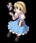  1girl alice_margatroid black_background blonde_hair blue_dress book brown_eyes capelet doll dress fairy_wings female flying frills fukaiton grimoire holding holding_book lowres shanghai_doll short_hair simple_background solo touhou weapon wings 