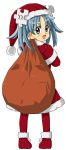  1girl absurdres aliasing blue_eyes blue_hair christmas full_body happy highres kasuga39 long_image looking_at_viewer looking_back open_mouth pantyhose red_legwear sack santa_costume short_twintails smile solo tall_image transparent_background twintails wikipe-tan wikipedia 