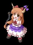  1girl :d bangs blue_skirt blunt_bangs bow bowtie brown_eyes chains cuffs female fukaiton hair_bow horns ibuki_suika layered_skirt long_hair looking_at_viewer oni open_mouth orange_hair red_bow red_bowtie shackles skirt smile solo standing touhou very_long_hair 