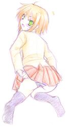  arisa_bannings blonde_hair feet footwear green_eyes lyrical_nanoha mahou_shoujo_lyrical_nanoha mahou_shoujo_lyrical_nanoha_a&#039;s mahou_shoujo_lyrical_nanoha_strikers panties saki_chisuzu school_uniform serafuku short_hair sketch socks striped striped_panties underwear 