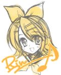  1girl :d bangs blonde_hair blouse bow character_name hair_bow hair_ornament hairclip headphones kagamine_rin musical_note open_mouth portrait quaver rei_(artist) rei_(rei&#039;s_room) ribbon sailor_collar short_hair signature simple_background sketch smile solo swept_bangs vocaloid white_background white_blouse yellow_ribbon 