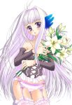  1girl flower gwendolyn hair_down long_hair mika_mikan odin_sphere panties solo thigh-highs underwear very_long_hair violet_eyes white_hair 