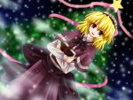  1girl :d alice_margatroid blonde_hair book capelet christmas christmas_tree dress dutch_angle female frills fur_trim holding holding_book looking_at_viewer maid_headdress open_mouth red_dress red_eyes santa_costume smile solo star touhou 