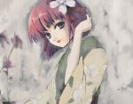  1girl amamiya_yuki arm_up bangs female flower hair_flower hair_ornament heida_no_akyuu hieda_no_akyuu japanese_clothes kimono lips long_sleeves looking_at_viewer perfect_memento_in_strict_sense purple_hair short_hair solo touhou upper_body violet_eyes wide_sleeves 