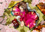  blue_eyes brown_hair cherry_blossoms japanese_clothes kimono mat obentou original syoujoscript 